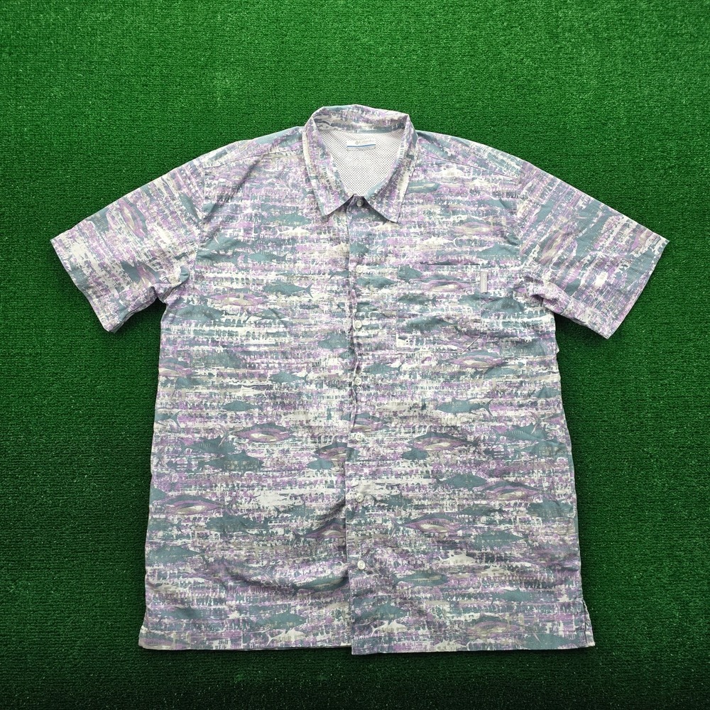 Columbia‎ PFG Shirt Mens Large Super Tamiami Fishing Purple Teal Abstract Vented